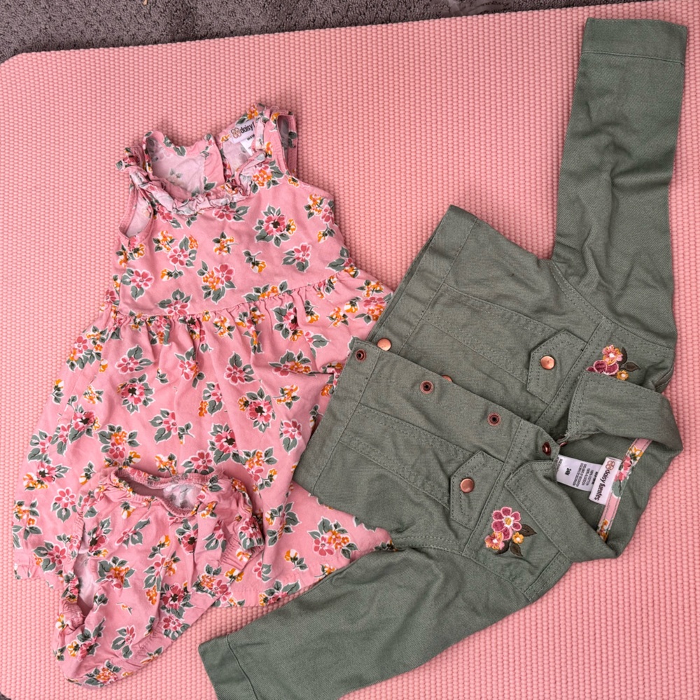 Pink dress with green jacket set- 24mo